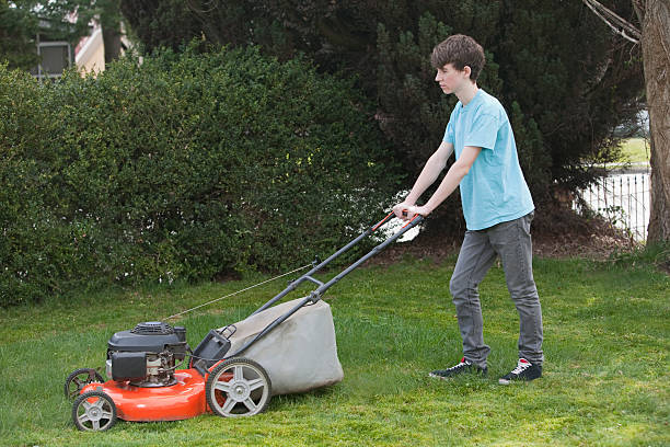 boy mowing lawn